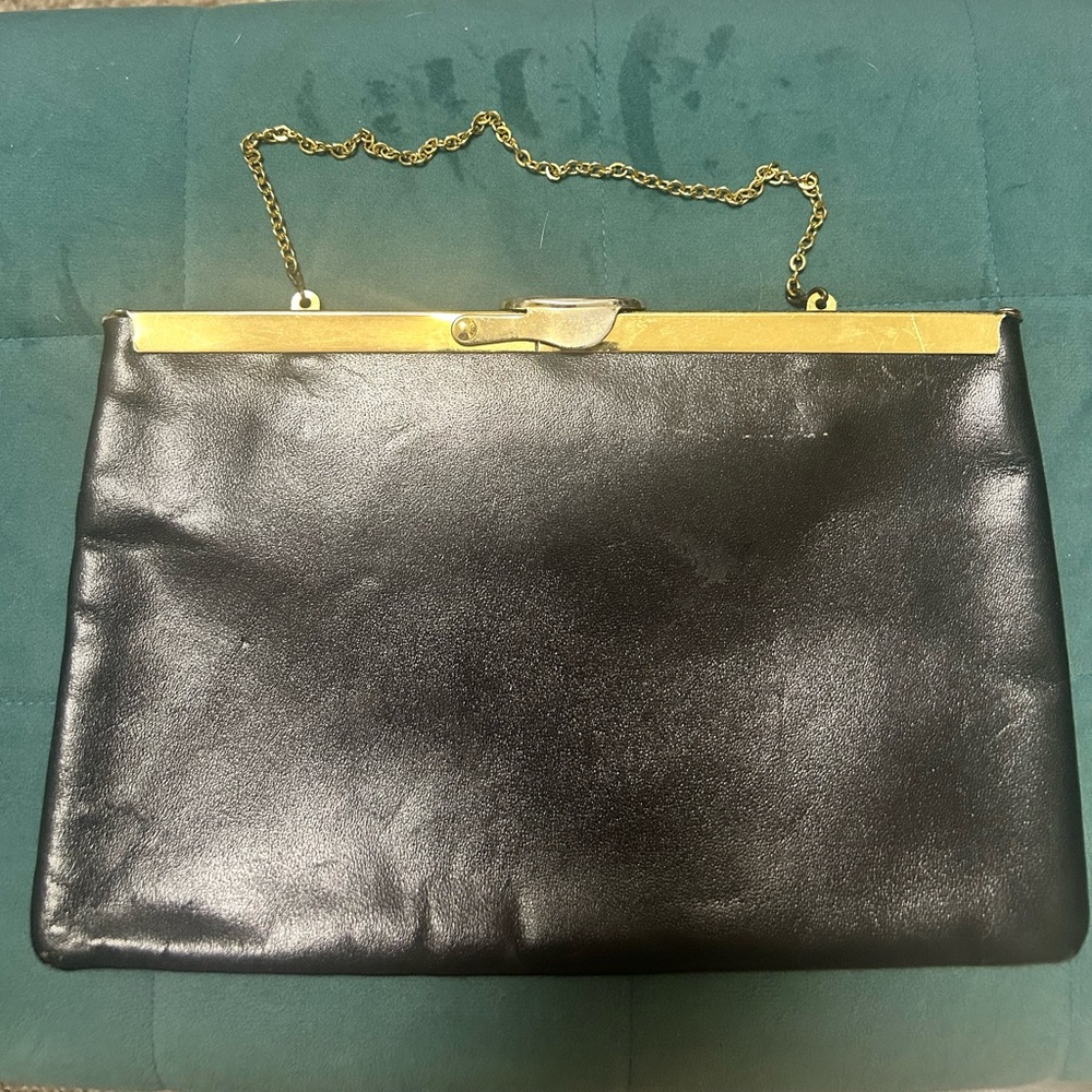 Chic,vintage ,1960’s, Etra, Black, faux Leather, Clutch with Gold Chain